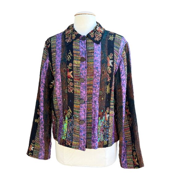 Coldwater Creek Floral Embroidered Patchwork Velvet Multi Color Sequin Jacket - Picture 1 of 9